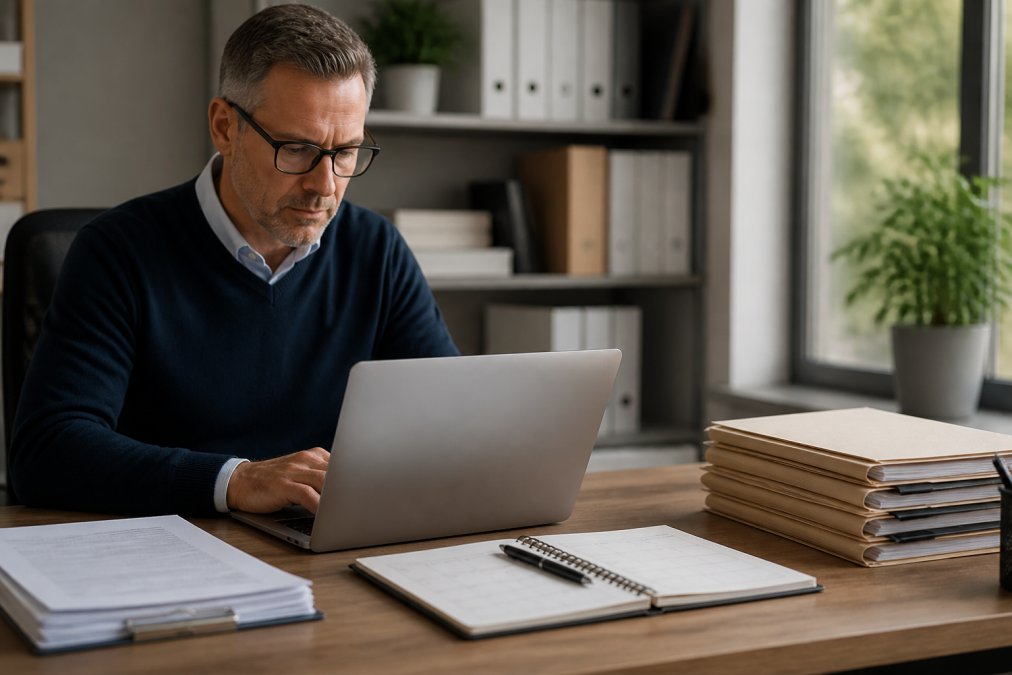 Real estate professional reviewing visitor information on laptop in modern office with CRM software visible on screen, documents and calendar on desk