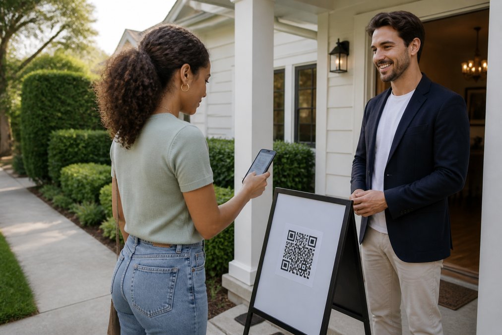 Real estate agent standing outside a home entrance holding a printed QR code sign on an a-frame stand, with a visitor in the background scanning the code on their smartphone