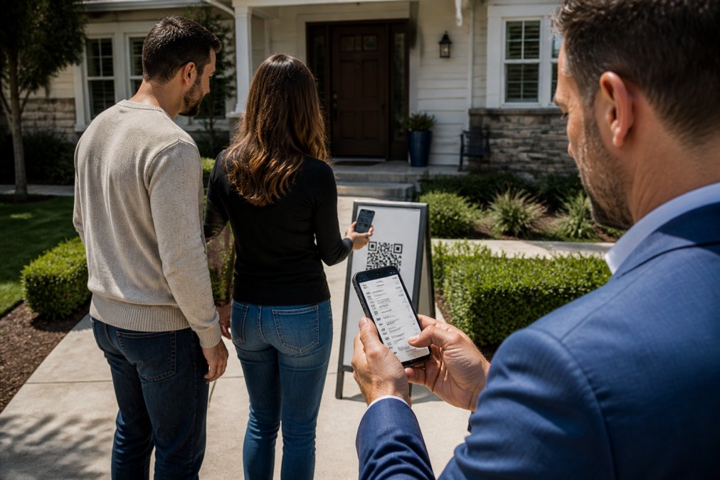 Close-up of a real estate agent's hands holding a smartphone, reviewing verified visitor alerts and registration data during an open house event, with property details visible on the screen