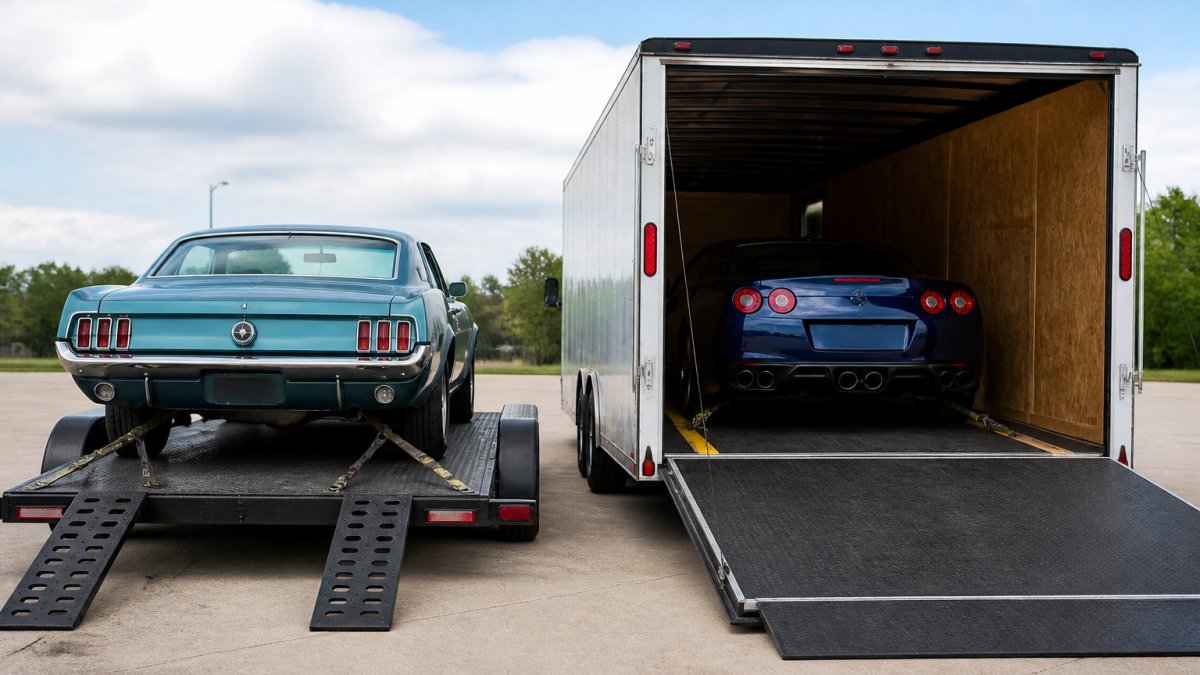 A side-by-side view of an open car hauler trailer loaded with a classic car and an enclosed car trailer parked next to it in a paved lot, straps and ramps visible, daylight