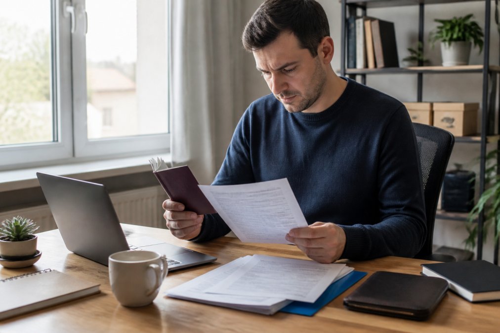 Person sitting at a modern home office desk with a laptop open, holding a passport and reviewing printed documents, with a coffee cup nearby, warm natural window light illuminating the scene