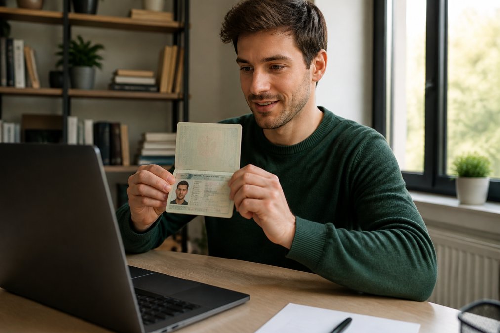 Close-up of a person holding an open passport up to a laptop camera during a video call, home office background with bookshelves slightly out of focus, bright natural light from a window
