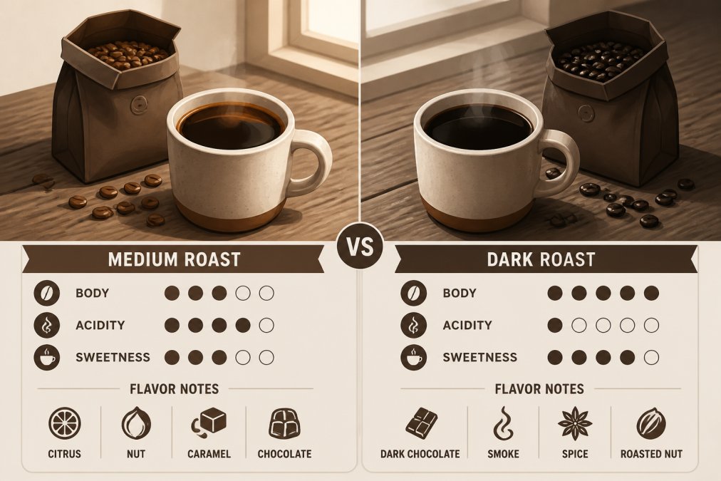 Two ceramic mugs of black coffee side by side on a rustic wooden table, one lighter medium roast and one darker roast, beside two open bags of whole bean coffee, soft morning window light