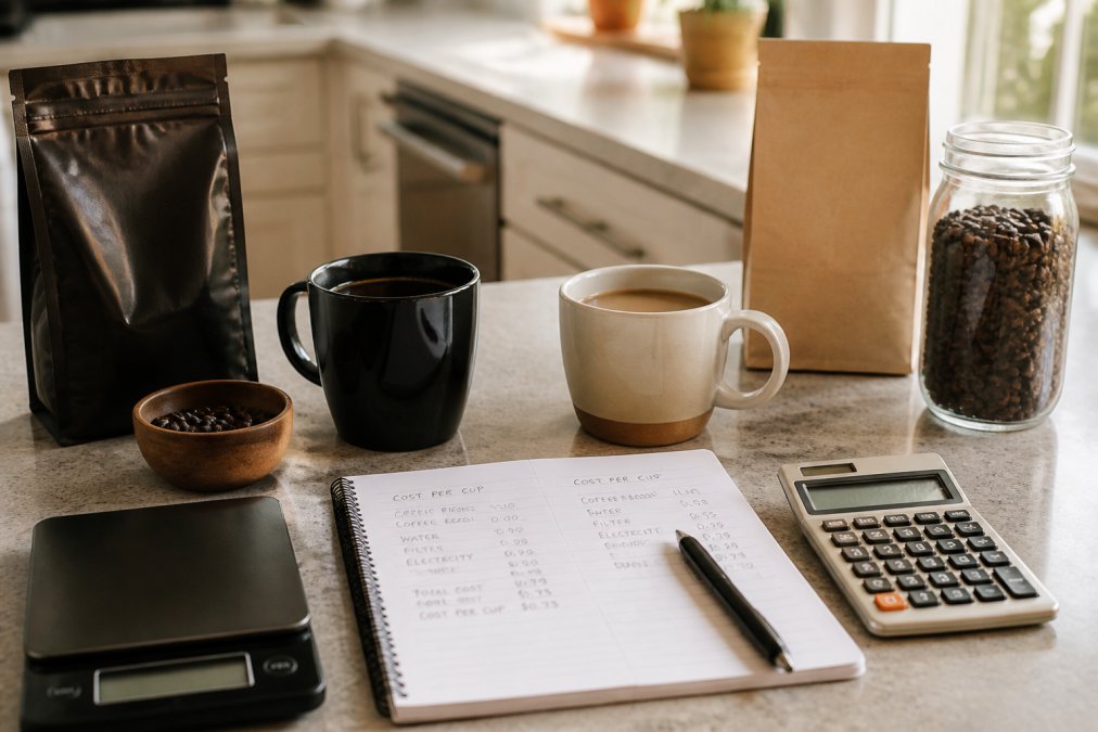 Infographic comparing the cost-per-cup of Operation Coffee versus specialty brands using a kitchen calculation setup.