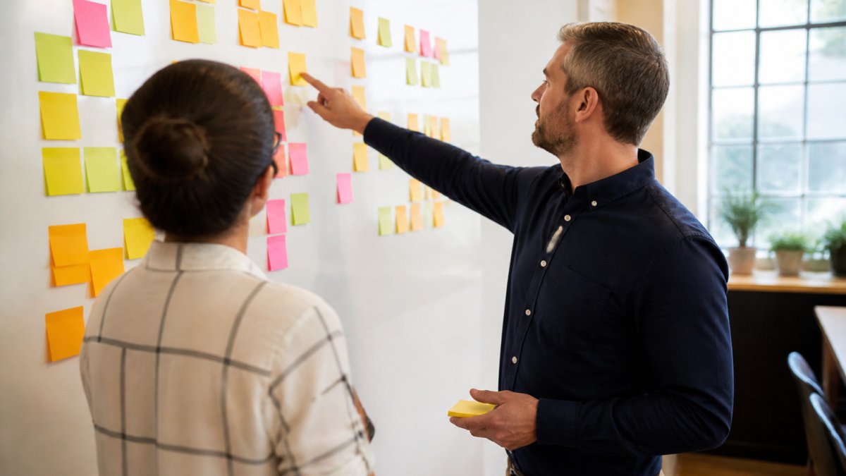 Two small business owners mapping a client onboarding workflow on a whiteboard to improve operational efficiency