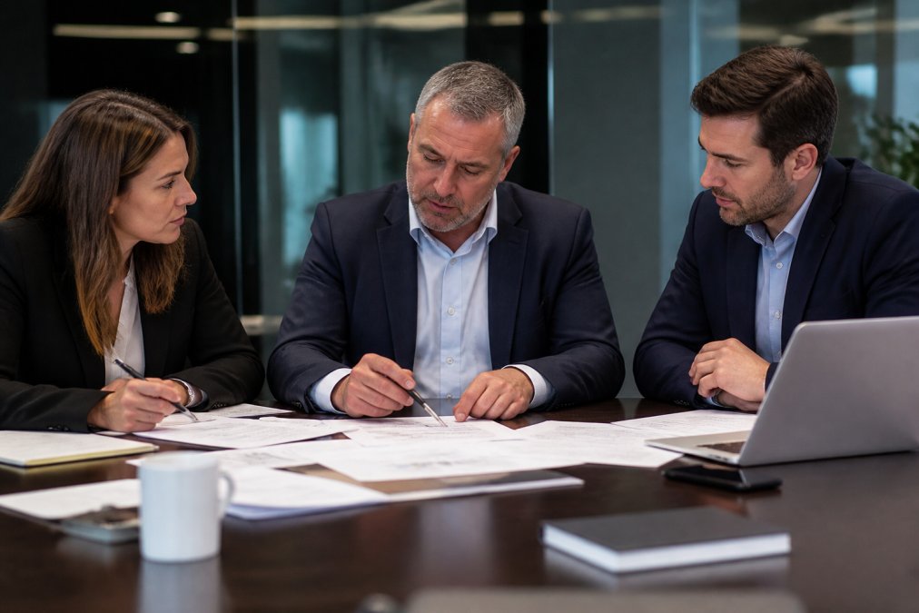 A senior operations director and two colleagues reviewing printed process documents and a laptop at a large boardroom table, engaged in focused discussion under overhead corporate lighting