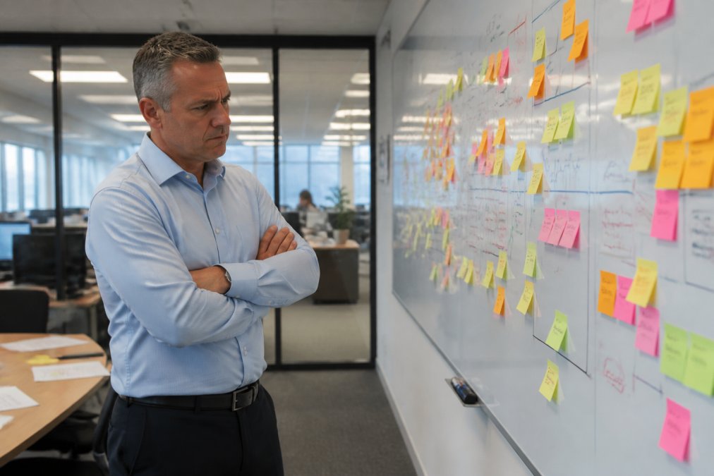 A frustrated executive standing at a whiteboard covered in sticky notes and process diagrams, arms crossed, in a corporate meeting room with fluorescent lighting and a view of an open-plan office