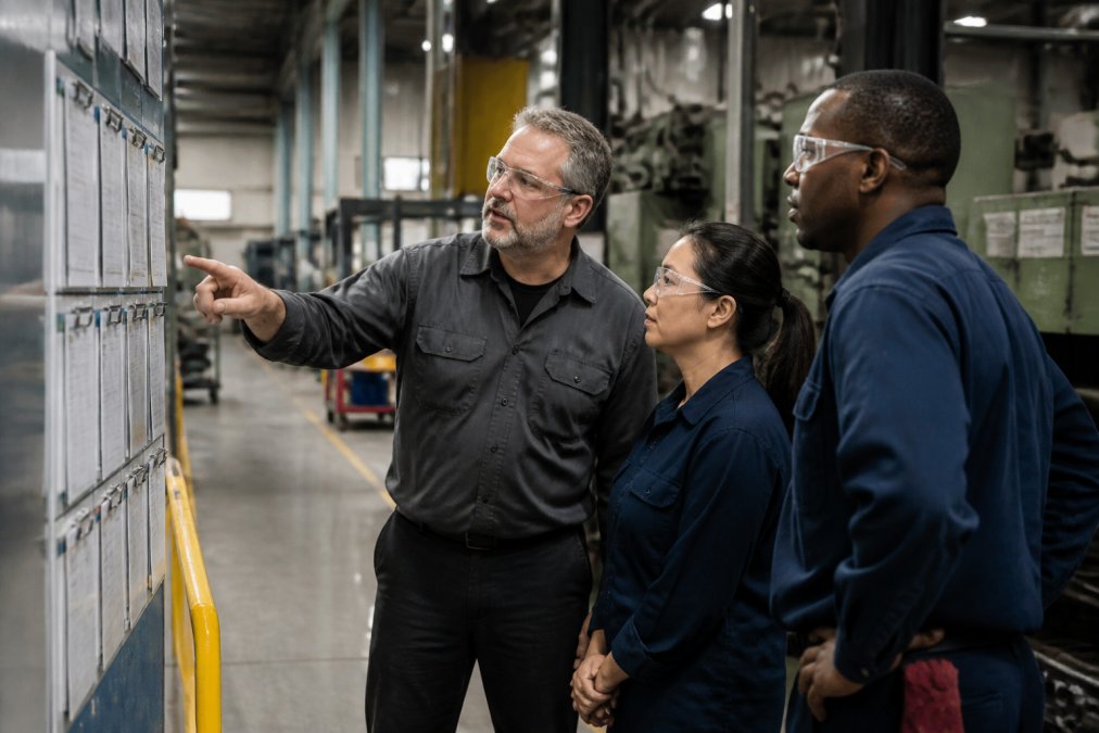 Plant manager and supervisors reviewing a performance scoreboard to drive operational excellence on the factory floor