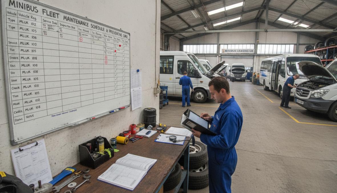 Professional mechanic inspecting minibus engine bay, checking fluid levels and components in a well-lit workshop setting with diagnostic equipment visible