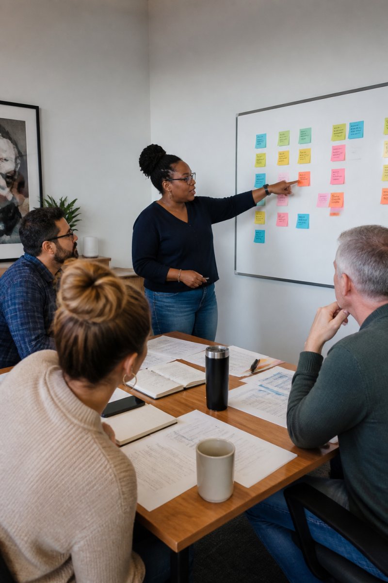 Non-profit team using a risk assessment flowchart to improve operational resilience during a strategy meeting.