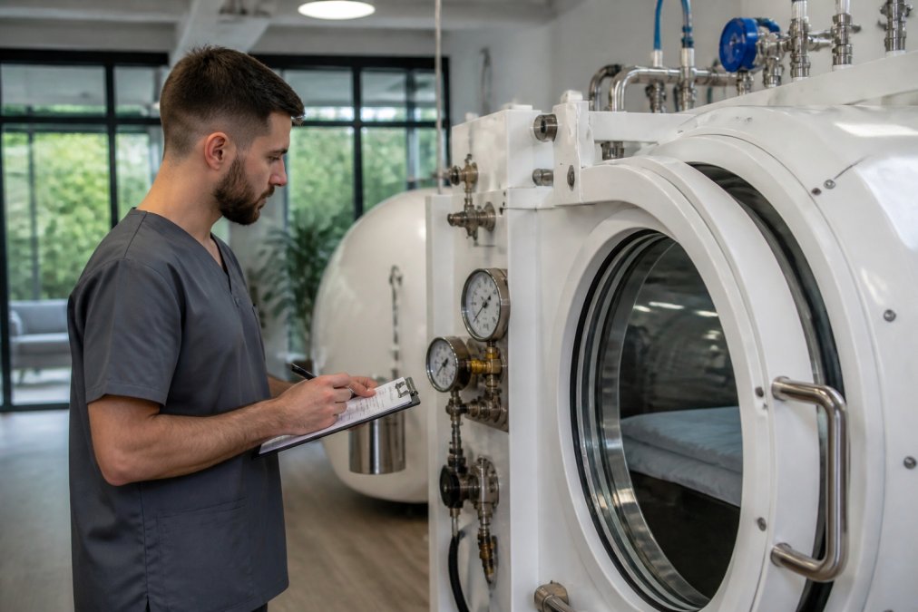 Technician inspecting a hyperbaric chamber to mitigate operational risks during routine maintenance