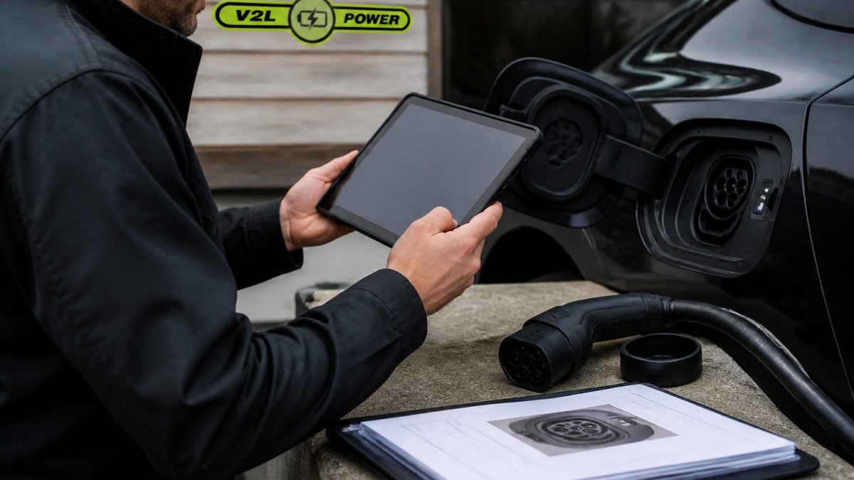 Close-up of technician checking EV charging port specifications with tablet, showing Type 2 connector and vehicle documentation