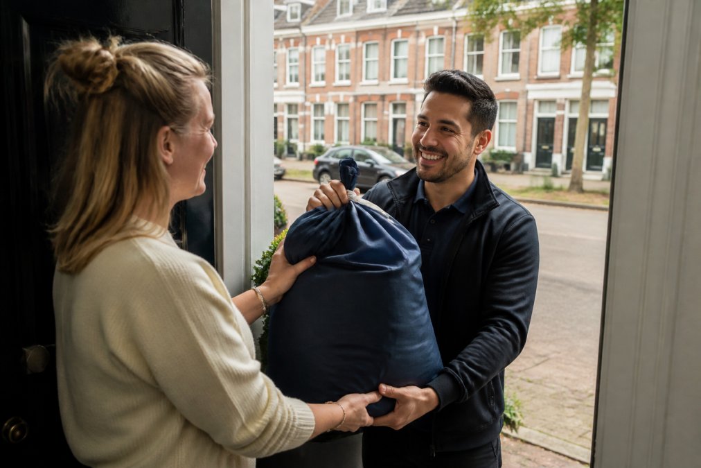 Een vriendelijke medewerker in een neutraal uniform neemt een stevige, gevulde waszak aan bij de voordeur van een Nederlands huis. Op de achtergrond is een rustige straat met rijtjeshuizen zichtbaar. De klant overhandigt de zak met een glimlach.
