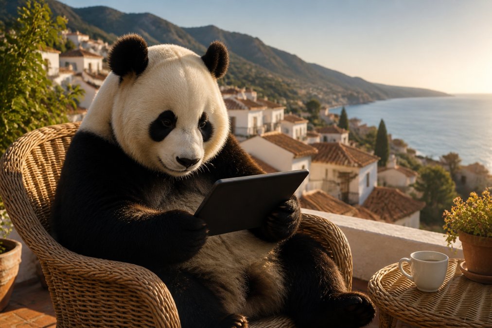 Un oso panda adulto sentado en una terraza de Mijas con vistas al mar Mediterráneo, sosteniendo una tableta con gráficos de opiniones y presupuestos, expresión concentrada, luz cálida de tarde dorada sobre las sillas de mimbre