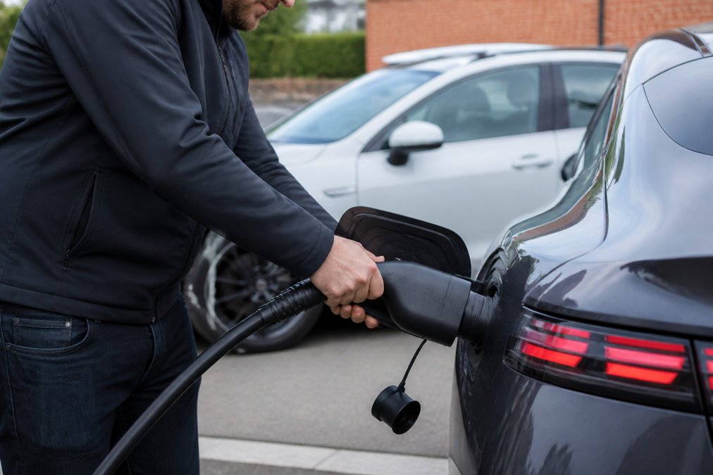 En person tilslutter et Type 2-kabel til en elbils ladeport på en parkeringsplads, med fokus på stik og adapter i dagslys