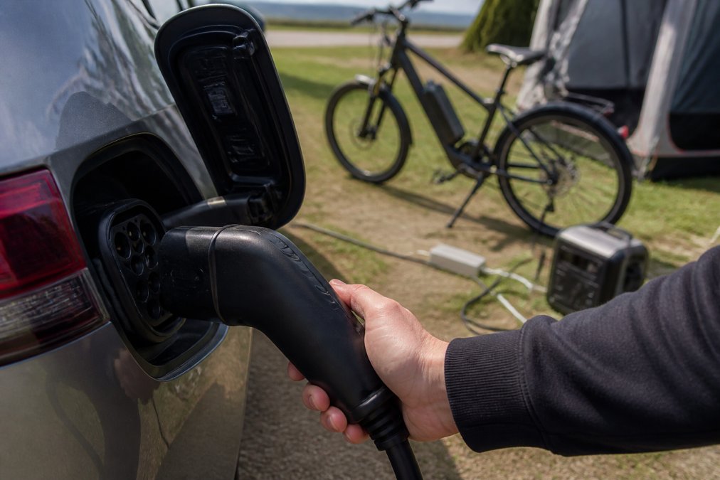 Close-up af V2L-adapter sættes i bilens Type 2-ladeport med elcykel og oplader synlige på campingplads i baggrunden med naturligt dagslys