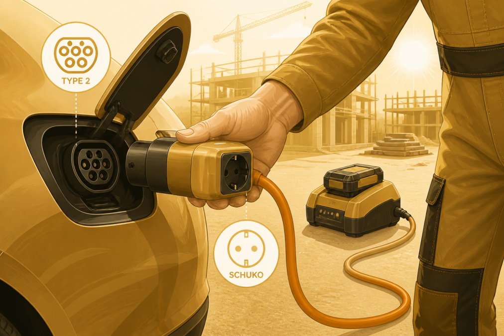 Close-up of a man in work clothes plugging a compact Type 2 to Schuko adapter into an electric car charging socket on a sunny construction site, with an orange extension cord and a power tool battery charger visible in the background