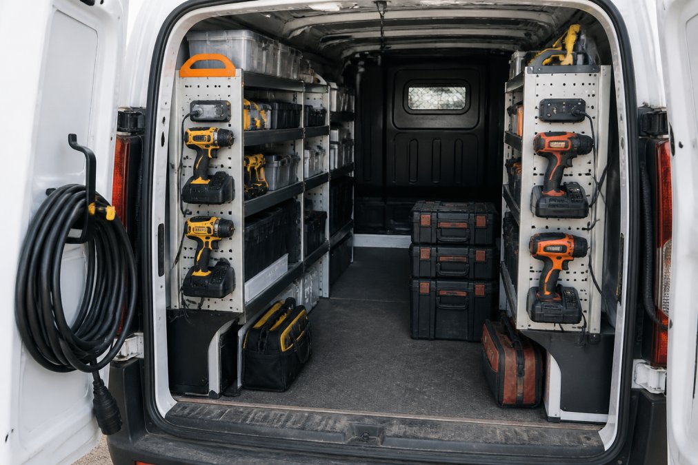Interior shot of a well-organized white van with shelving along the sides, orange and yellow cordless power tools placed in charging cradles with visible charging cable connections, and a black extension cord rolled up on a hook by the back door, taken in natural daylight