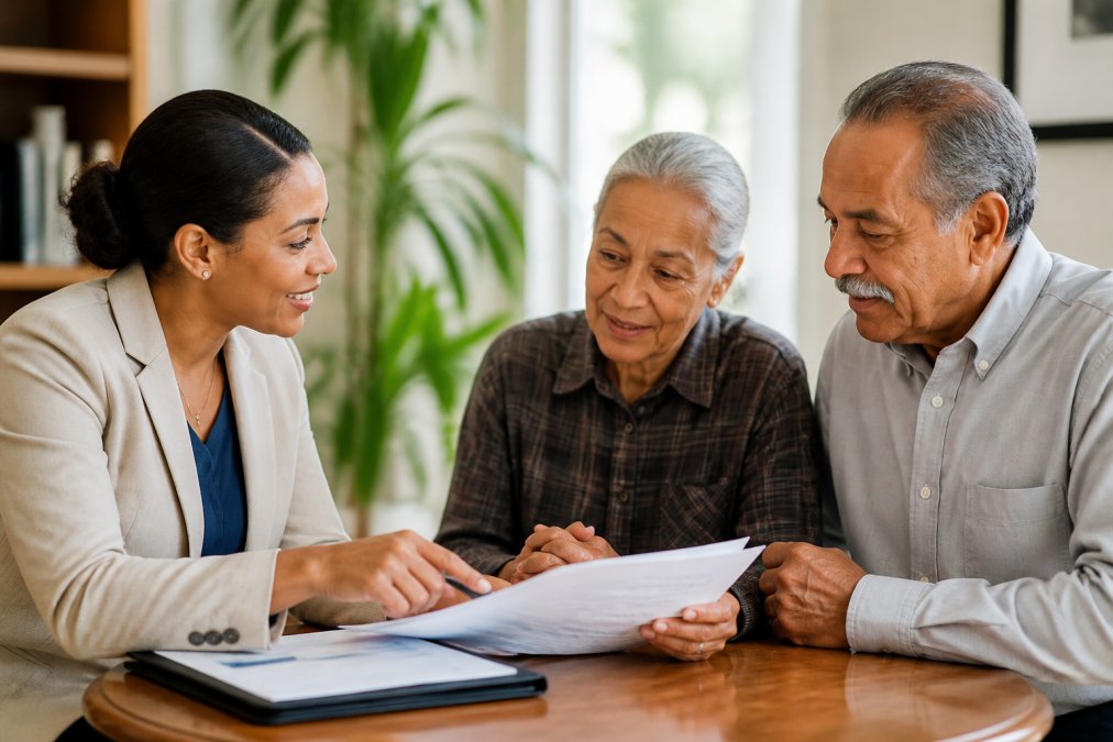 A professional insurance advisor in a bright office, smiling while reviewing policy documents with a senior couple across a desk, warm natural lighting