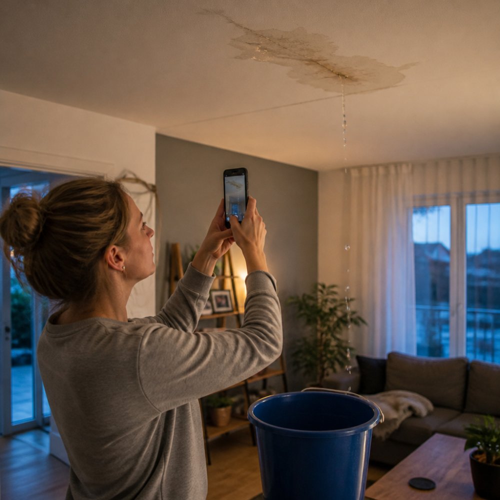 Huiseigenaar maakt met een smartphone foto's van een vochtplek op het plafond, waterdruppels in een emmer eronder, zachte avondverlichting in een woonkamer