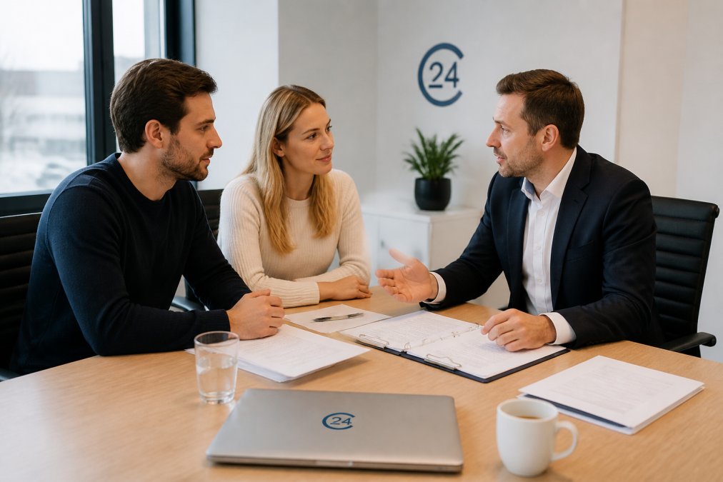 Zwei Gründer besprechen mit einem Berater die optimale Rechtsform für Startups 2026 an einem Konferenztisch.