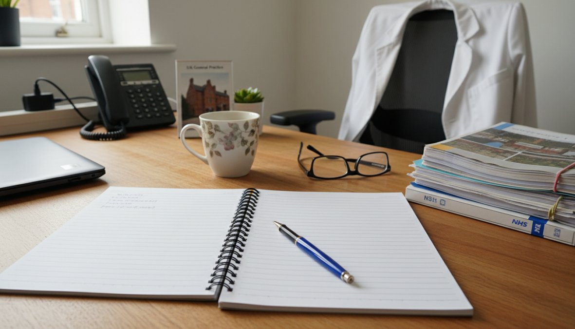 A practice manager sitting at a desk reviewing workflow documents and a laptop screen in a modern UK GP practice office, with a notepad and pen nearby, warm overhead lighting and a tidy administrative workspace visible
