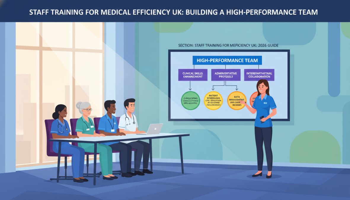 A diverse group of NHS clinical and administrative staff gathered around a table in a bright training room, attentively watching a colleague present at a whiteboard, with printed materials and laptops on the table and natural daylight from large windows
