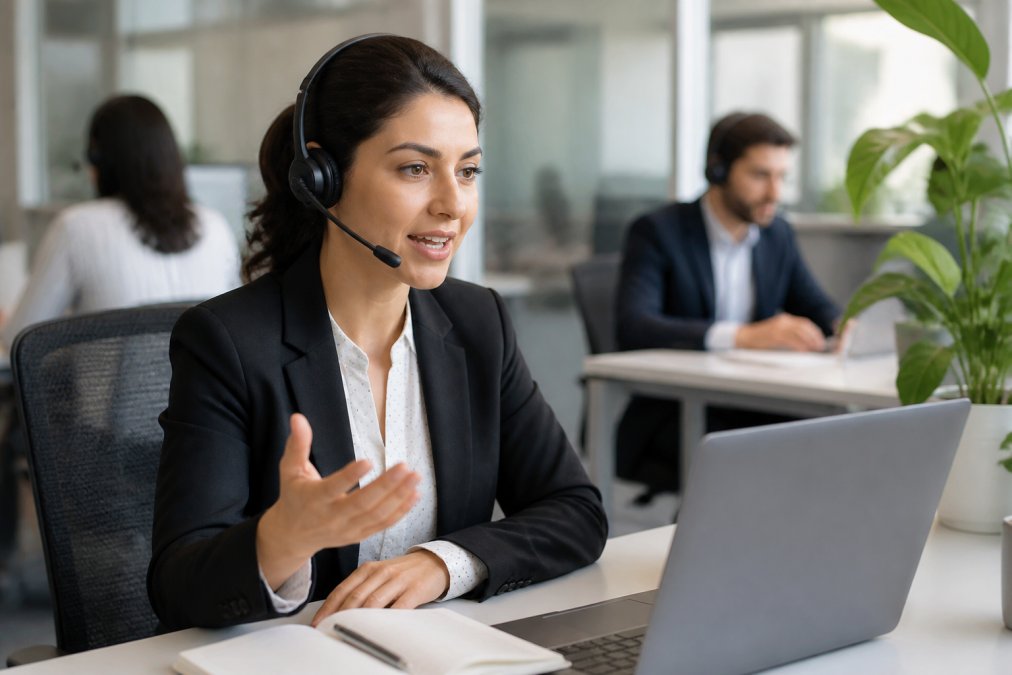 A sales development representative wearing a professional headset, speaking confidently at a tidy desk with a laptop and open notepad, in a bright open-plan office with colleagues visible in the background
