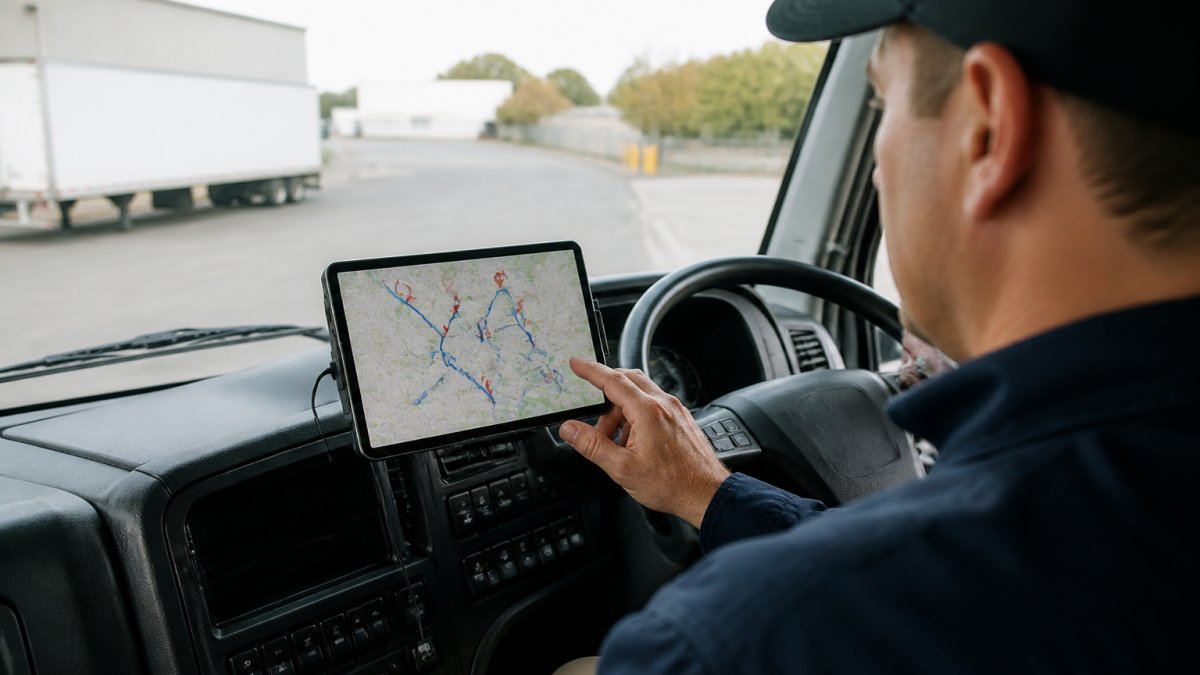 Truck driver reviewing a route map on a tablet mounted in the cab, with multiple delivery locations marked on the screen and a highlighted optimised path