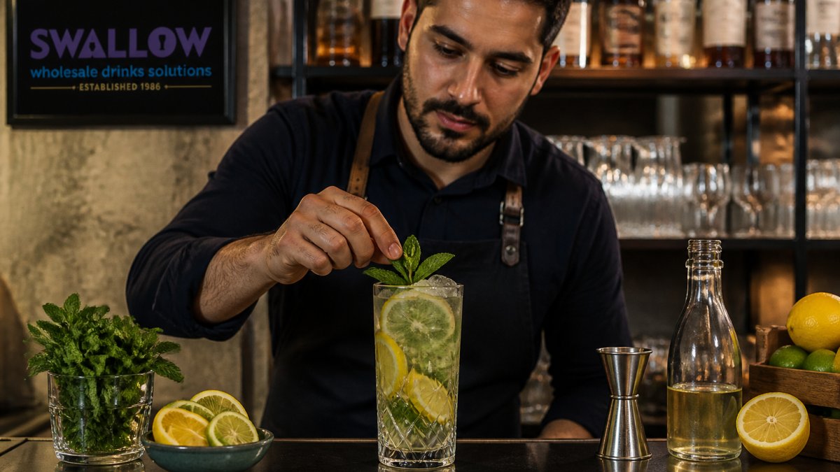 Bartender garnishing a premium citrus mocktail with fresh mint at a polished bar counter