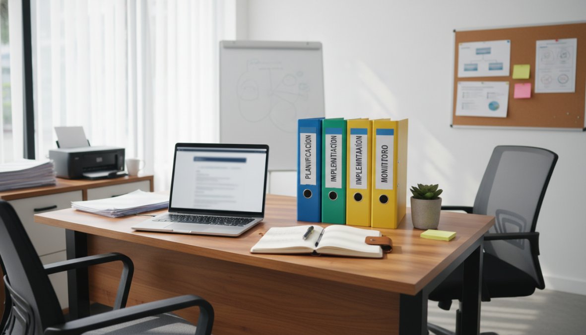 Small business owner and team member reviewing printed workflow documents together at a desk with a laptop open, natural light coming through a window in a modern office with white walls and wooden furniture