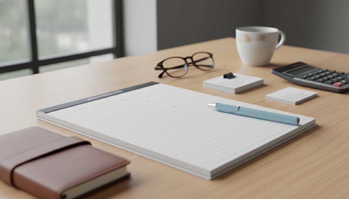 Close-up of hands navigating a business management software dashboard on a laptop screen, with a notepad and pen beside it on a clean wooden desk, soft natural light from the side