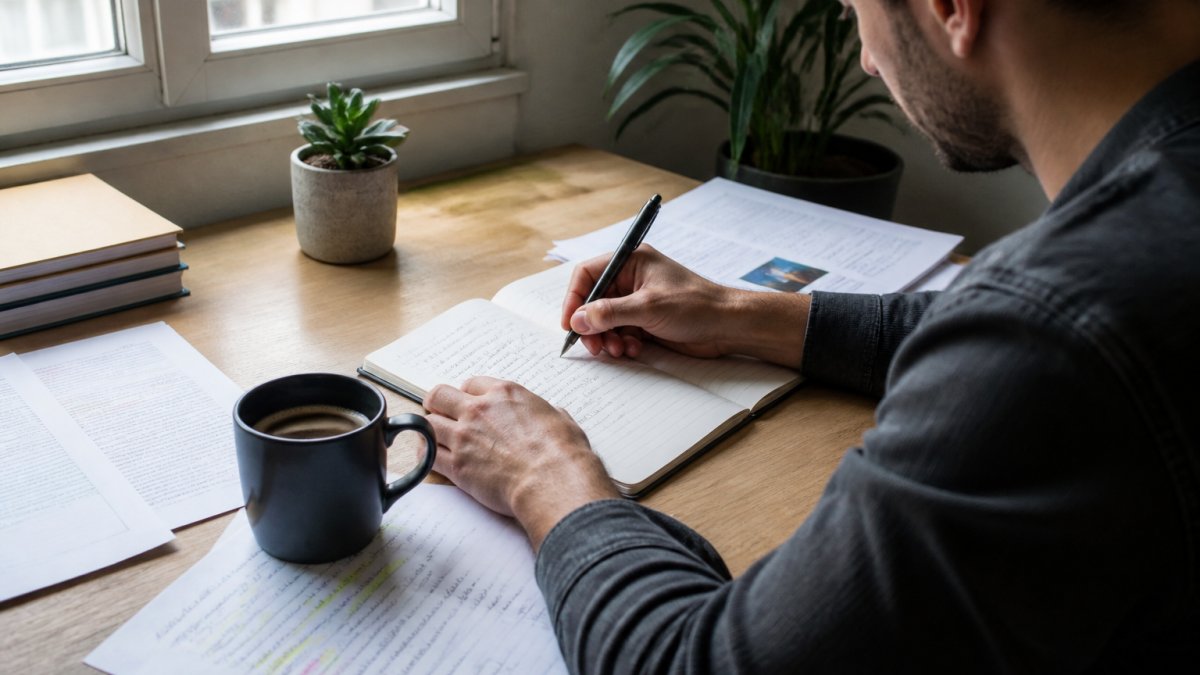 Profesional escribiendo en un portátil con una taza de café, notas sobre optimización de contenido para buscadores y documentos de investigación de palabras clave en la mesa de trabajo, luz natural de ventana