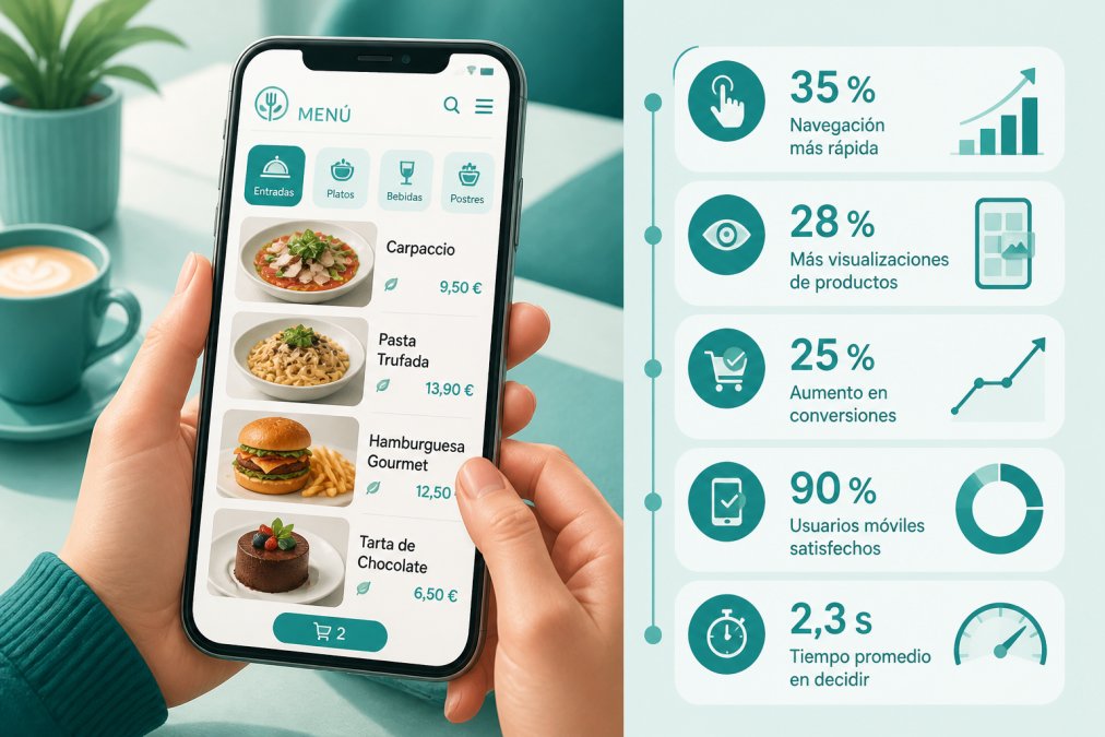 Infografía que muestra el proceso de diseño de un menú digital móvil con fotos de comida y pestañas claras para el usuario.