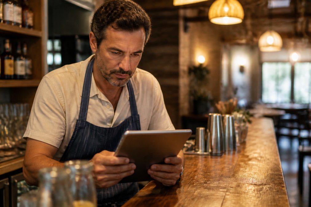 Dueño de restaurante revisando un menú digital móvil en una tablet sobre la barra de madera con iluminación cálida al fondo