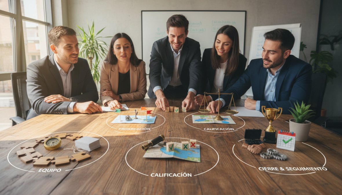 Equipo diverso de ventas de una pyme reunido alrededor de una pizarra blanca con etapas del proceso comercial escritas, señalando distintas fases con marcadores de colores, en una oficina luminosa con grandes ventanales