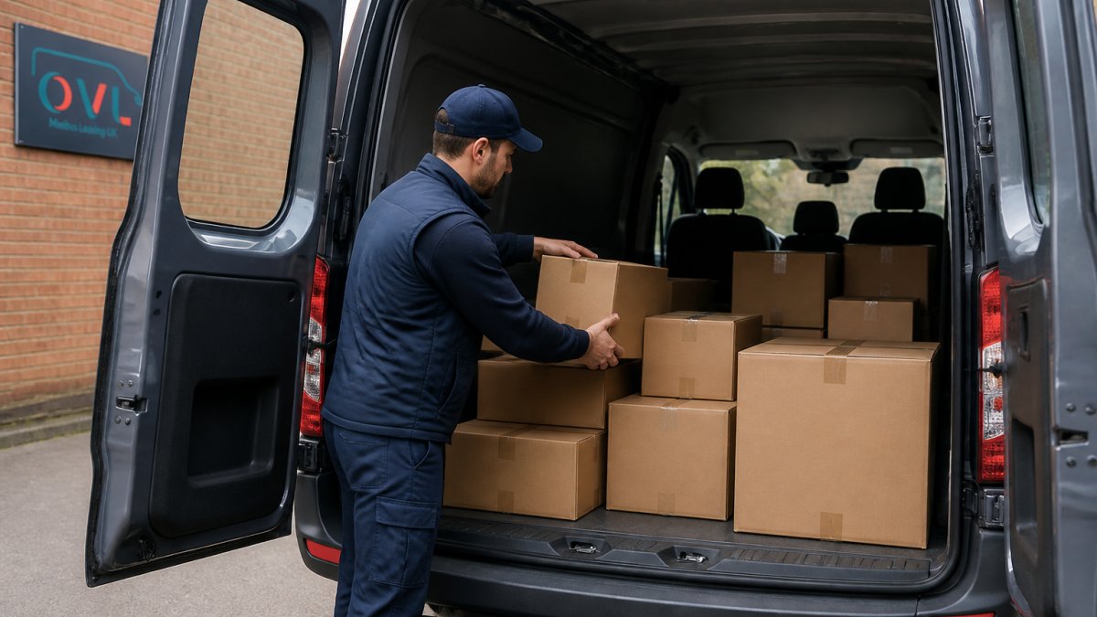 Delivery driver loading various sized parcels into a medium-sized crew van, carefully arranging boxes by size, with natural daylight showing the interior cargo area