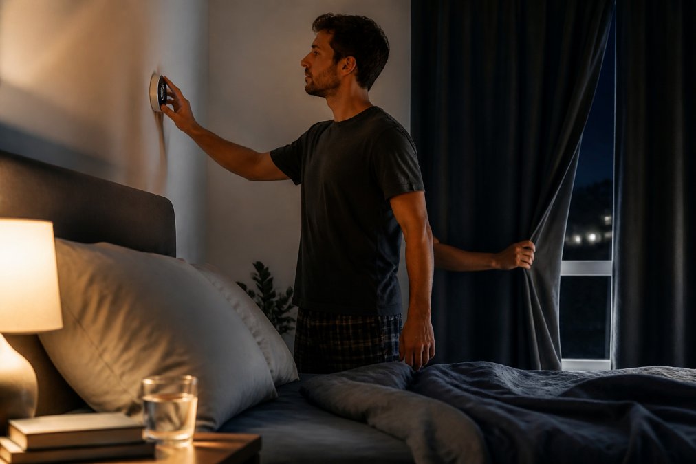 A person in their thirties adjusting a bedroom thermostat and closing blackout curtains in a calm, dimly lit bedroom at night, with a glass of water and a book on the bedside table