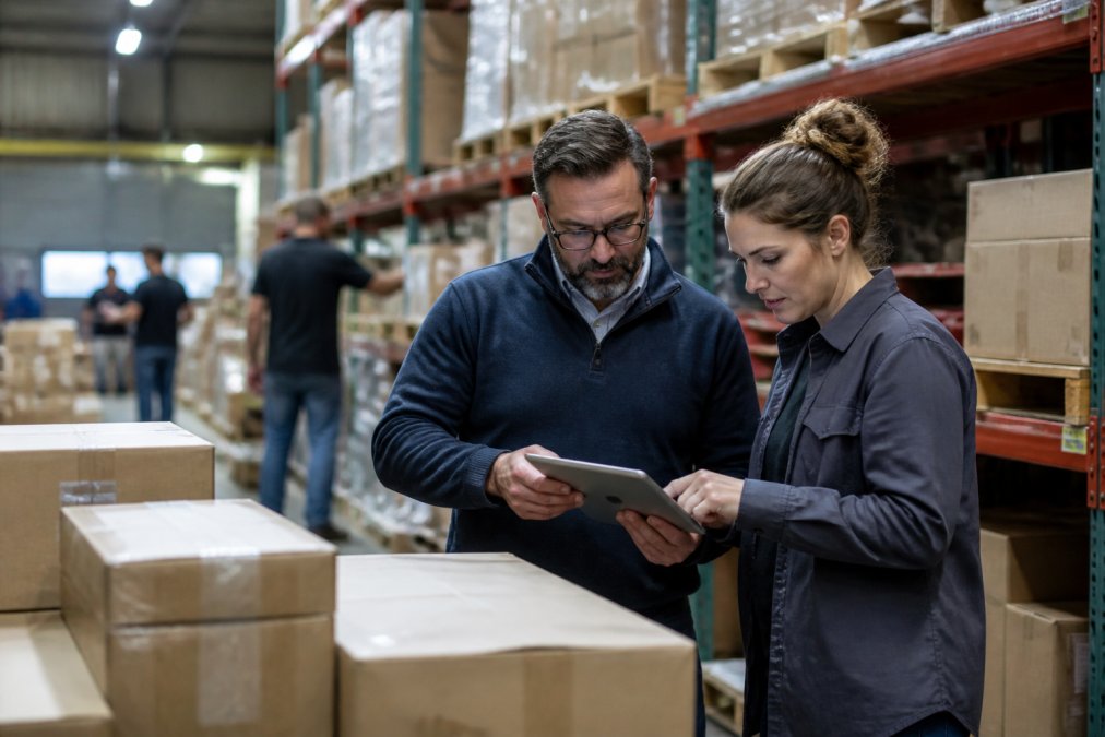 Warehouse manager reviewing ecommerce logistics data on a tablet inside a busy fulfillment center