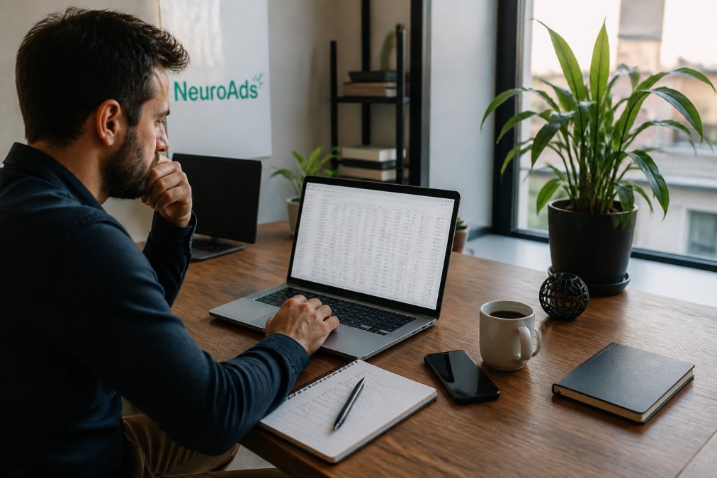 Marketer analyzing dashboard data to optimize facebook ads shopify on a laptop in a modern workspace