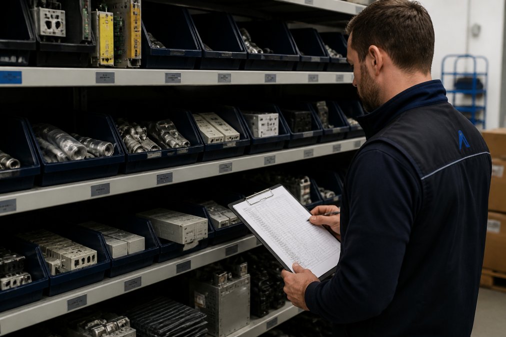 Maintenance manager reviewing a printed spare parts inventory list in a well-organized industrial warehouse