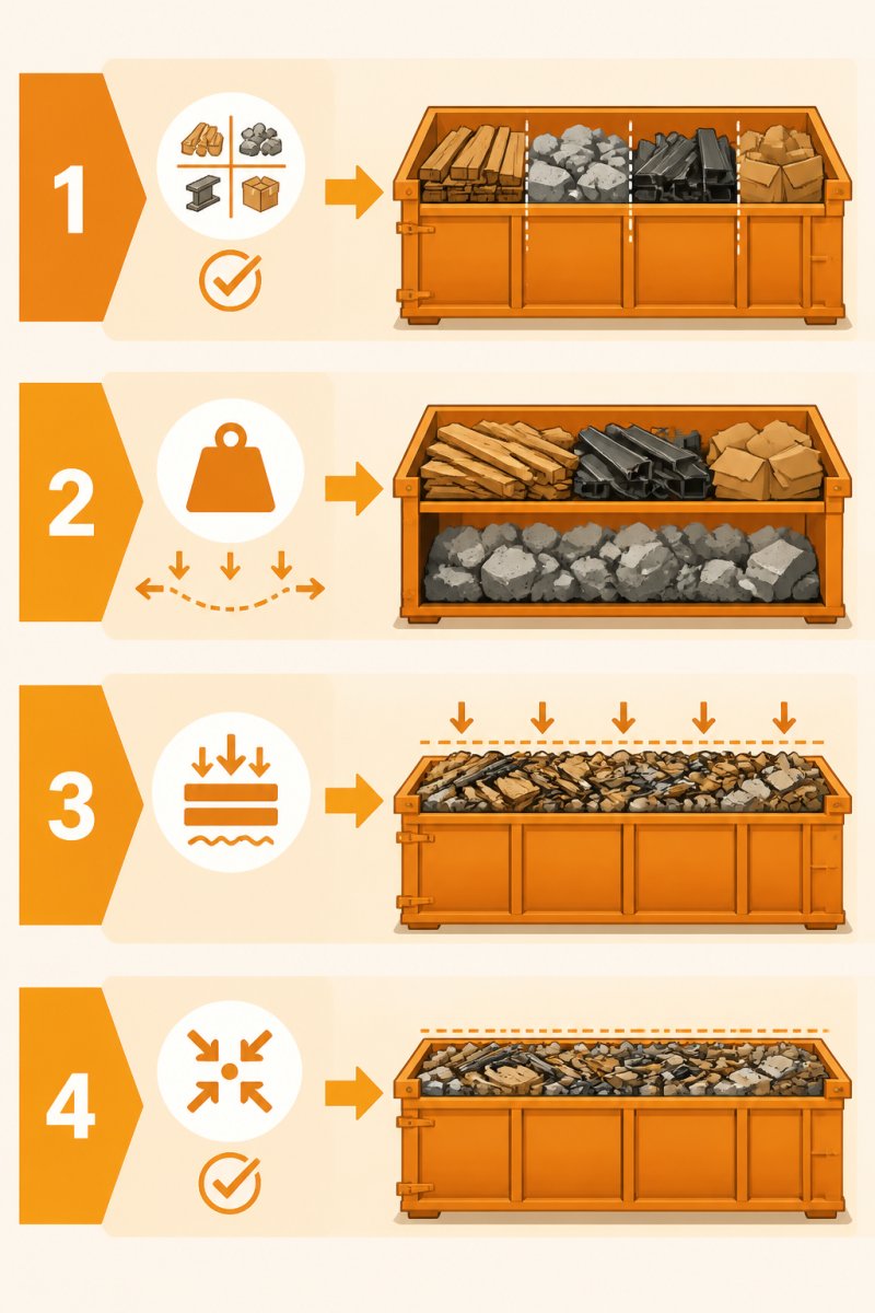 4-step loading sequence flowchart to optimize dumpster capacity through material sorting and compaction.