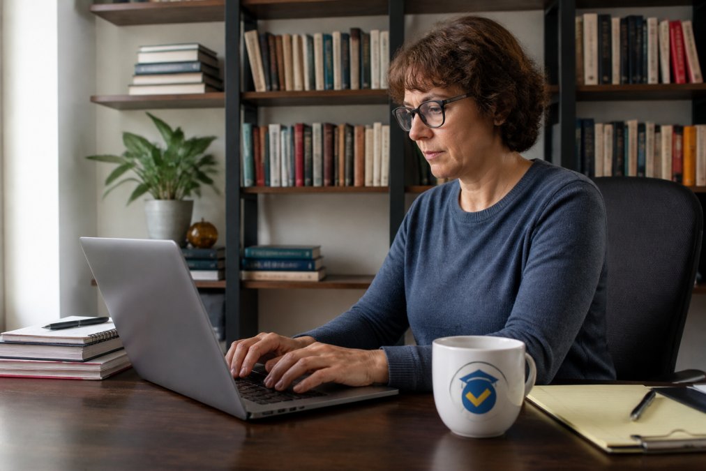 A university instructor sitting at a home desk with a laptop open to their LinkedIn profile, a mug of coffee nearby, and a bookshelf with academic texts in the background