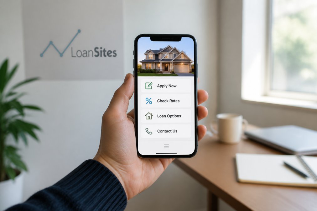 Hand holding smartphone displaying clean mortgage website with large, thumb-friendly buttons and simplified navigation menu on bright background