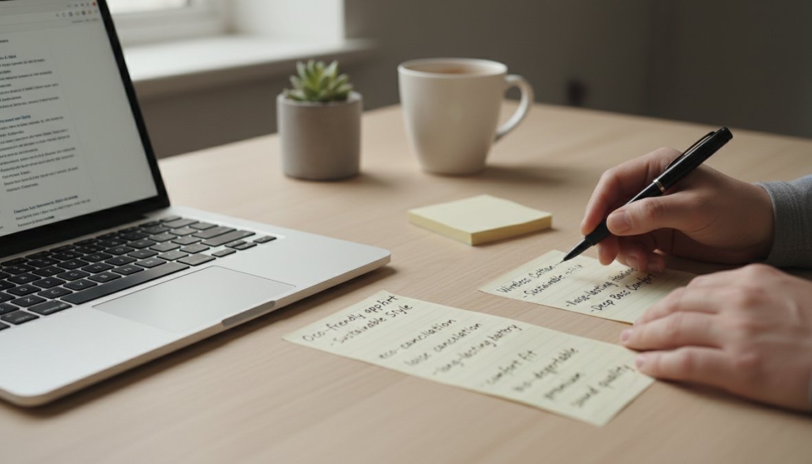 Close-up of hands typing on a laptop with an e-commerce product listing visible on the screen, a notepad with handwritten keyword notes beside it on a clean, well-lit desk