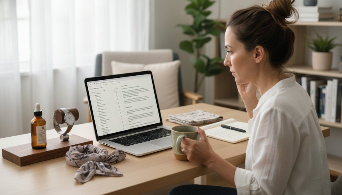 A small business owner sitting at a desk reviewing AI-generated product listings on a laptop, with a ceramic coffee mug and handmade product samples arranged nearby in a bright, naturally lit home office