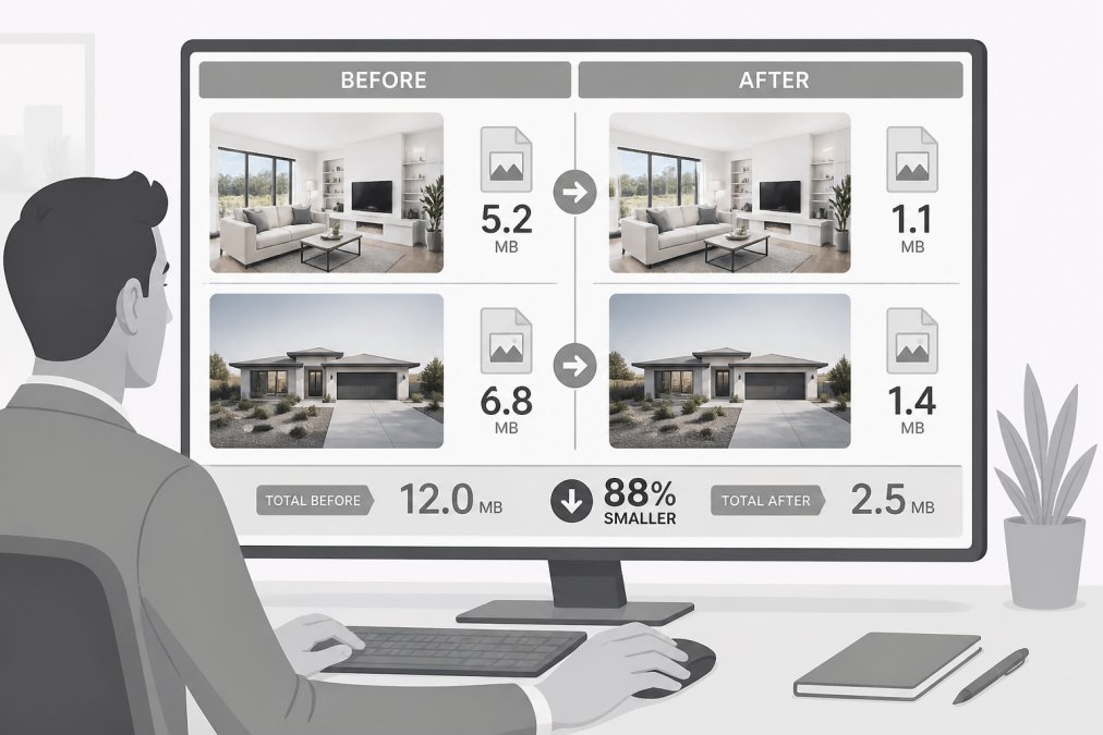 Real estate agent reviewing property listing photos on a desktop monitor, comparing side-by-side before and after compressed versions of interior and exterior home images with visible file size differences displayed