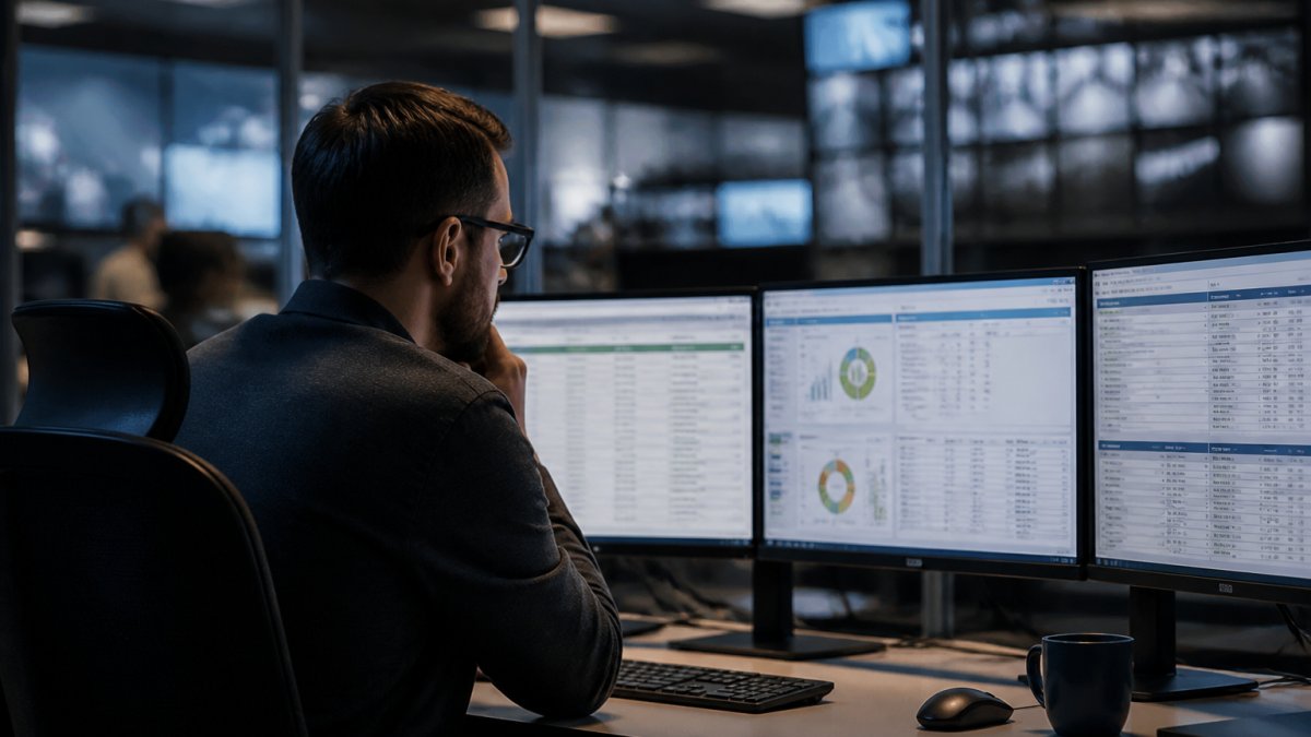 Security analyst validating security correlation rules on multiple monitors in a modern SOC environment