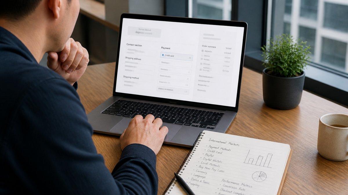 E-commerce manager auditing a Shopify Plus checkout international flow using performance metrics and market data