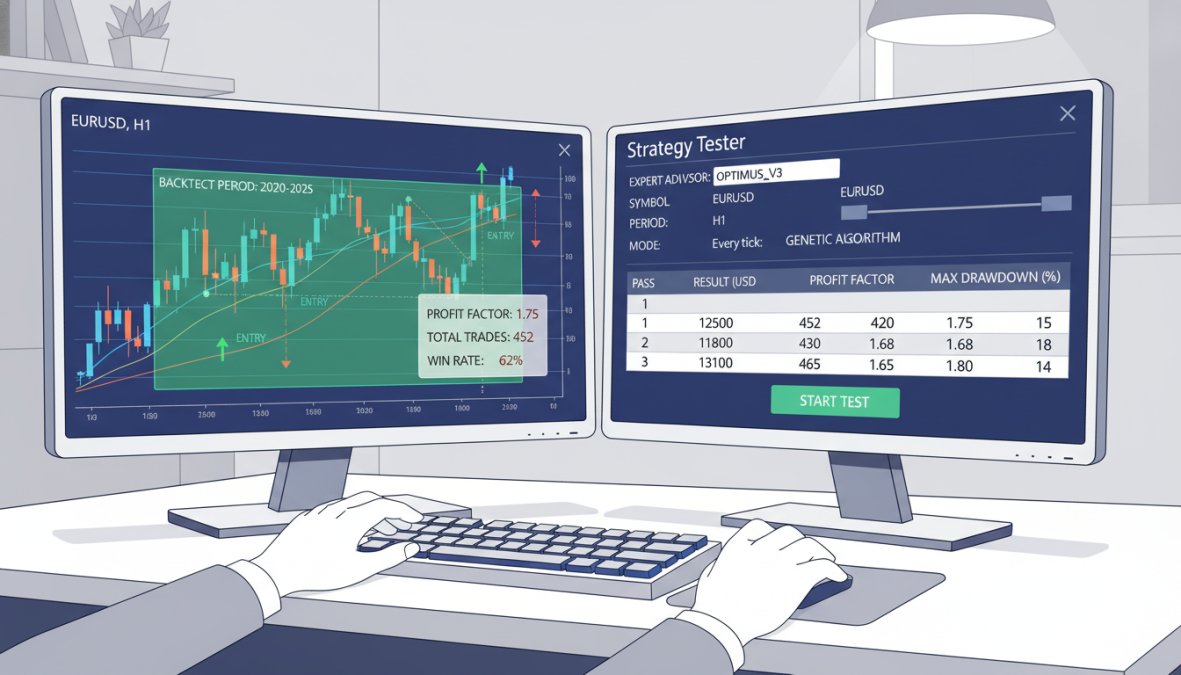 Close-up of a trader's hands navigating MetaTrader 5 on a dual-monitor desktop setup, with historical data charts visible on screen in a focused home trading office